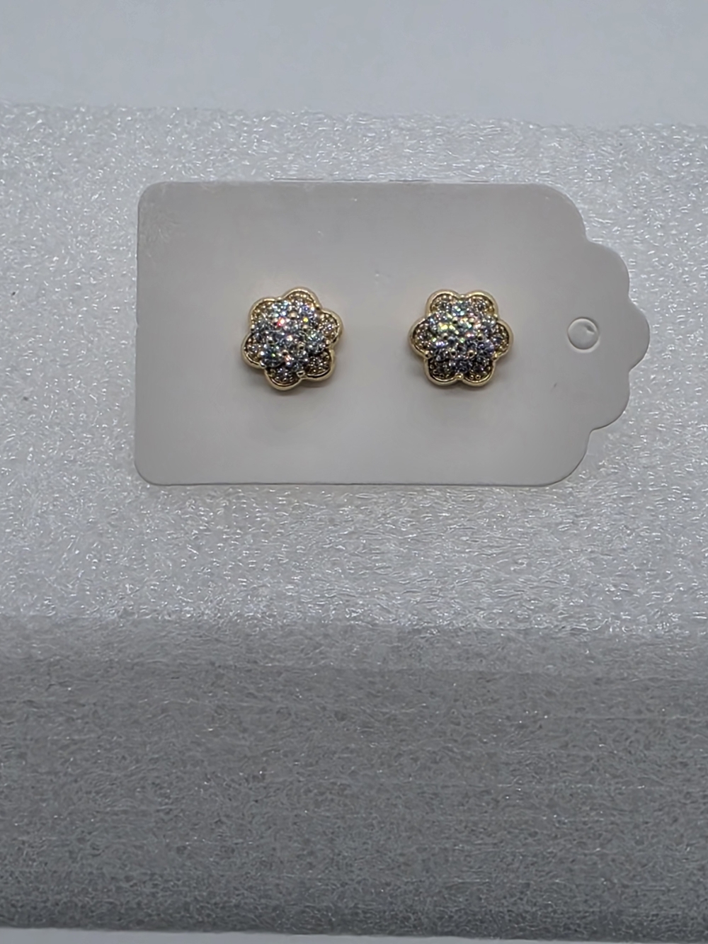 Gold Plated Flower Stud Earrings CZ Crystal Floral Sparkly Minimalist Gift - Picture 2 of 3
